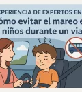 experiencia-de-expertos-en-Como-evitar-el-mareo-en-los-ninos-durante-un-viaje | Upitravel Woman driving a car with a sick-looking boy in the back seat; image conveys tips to prevent motion sickness in children during trips.
