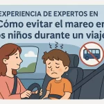 experiencia-de-expertos-en-Como-evitar-el-mareo-en-los-ninos-durante-un-viaje | Upitravel Woman driving a car with a sick-looking boy in the back seat; image conveys tips to prevent motion sickness in children during trips.