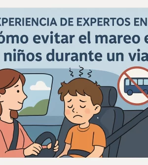 experiencia-de-expertos-en-Como-evitar-el-mareo-en-los-ninos-durante-un-viaje | Upitravel Woman driving a car with a sick-looking boy in the back seat; image conveys tips to prevent motion sickness in children during trips.